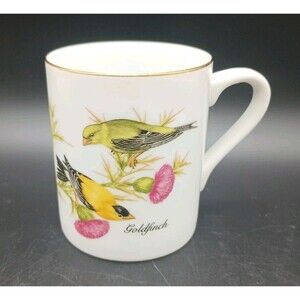GOLDFINCH BIRDS ON THISTLE Vintage PORCELAIN MUG John James Audubon 1985 W Gold
